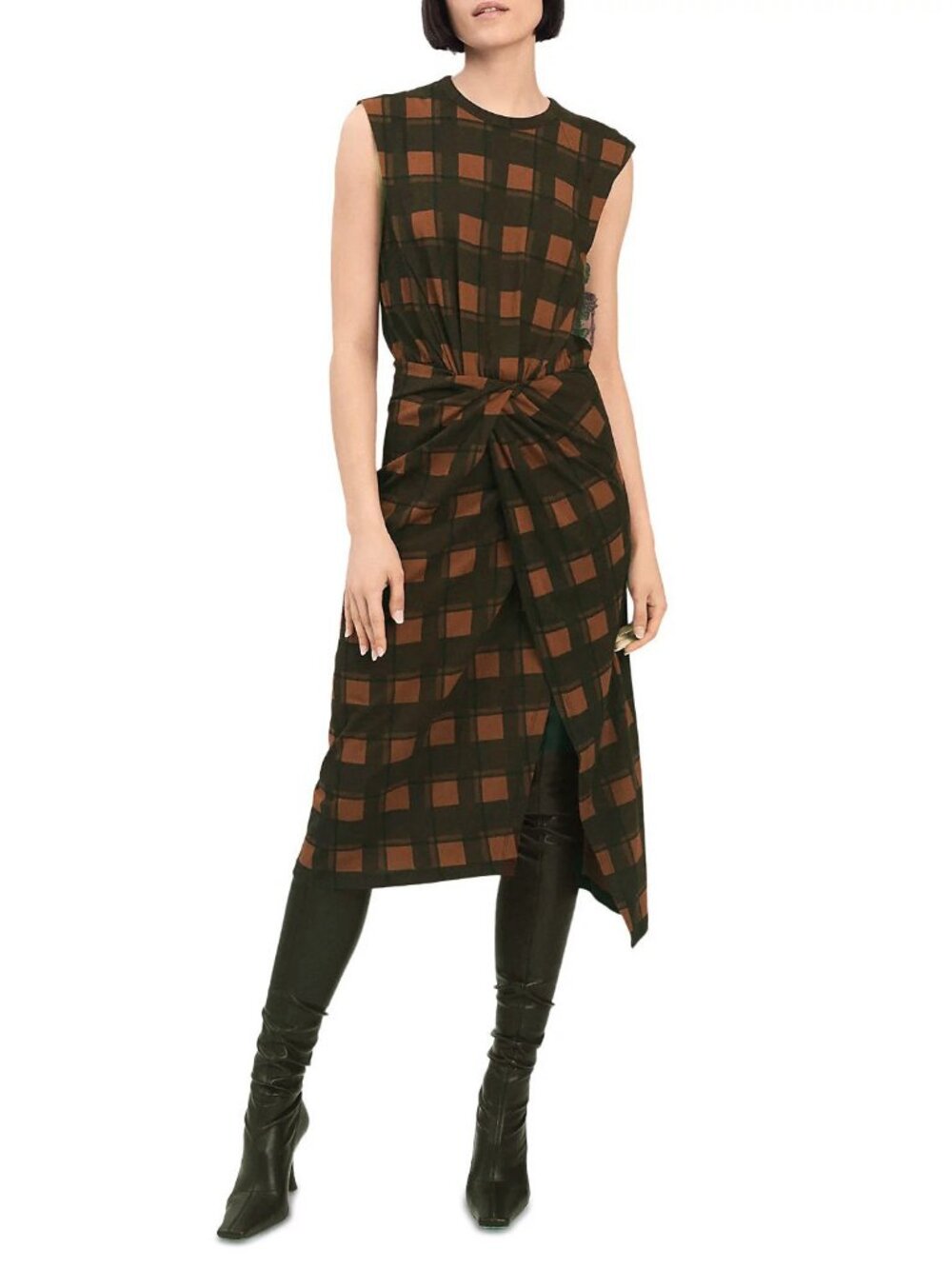 New Derek Lam 10 Crosby Londyn Plaid Asymmetric Knit Midi Dress Brown Large $325